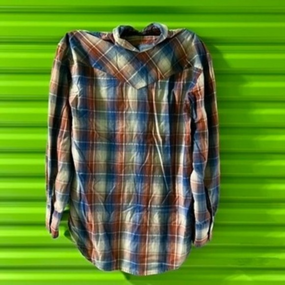 Rustler Wrangler Mens Plaid Western Pearl Snap Shirt Blue Orange Metallic Medium - Picture 8 of 13